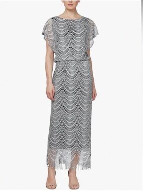 Ignite Evenings Silver Fringe Lace Maxi Dress - Women